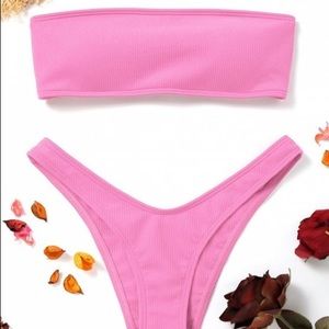 Zaful High Cut Ribbed Bandeau Bikini Set